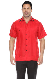 Camisa Guayabera para Hombre Manga Corta 100% Lino con Ribete en Contraste