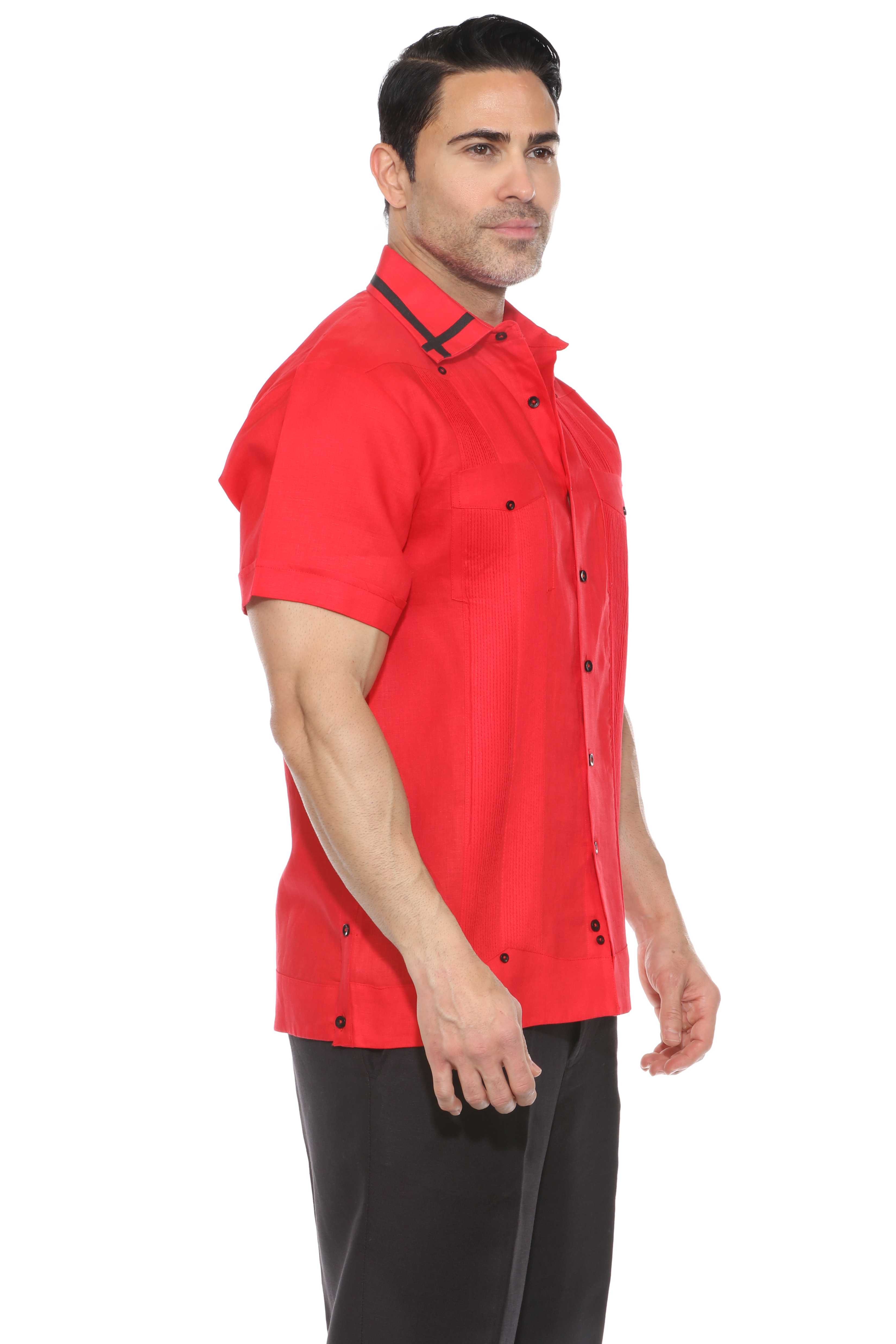 Camisa Guayabera para Hombre Manga Corta 100% Lino con Ribete en Contraste