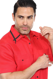 Camisa Guayabera para Hombre Manga Corta 100% Lino con Ribete en Contraste
