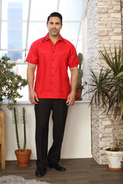 Camisa Guayabera para Hombre Manga Corta 100% Lino con Ribete en Contraste