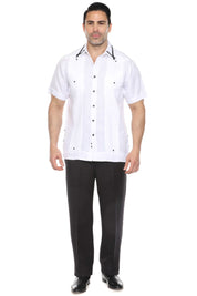 Camisa Guayabera para Hombre Manga Corta 100% Lino con Ribete en Contraste