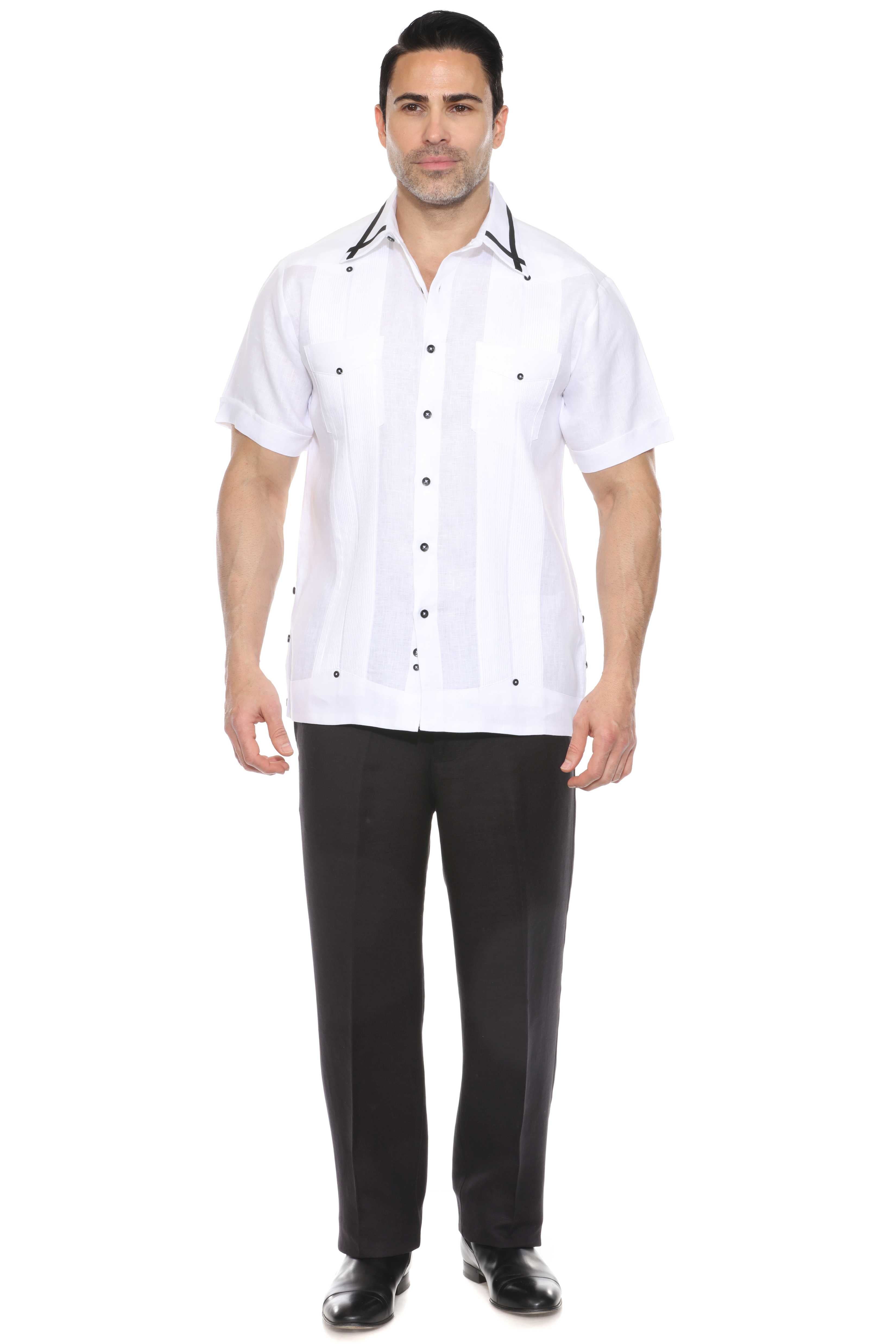 Camisa Guayabera para Hombre Manga Corta 100% Lino con Ribete en Contraste