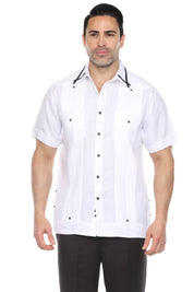 Camisa Guayabera para Hombre Manga Corta 100% Lino con Ribete en Contraste