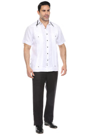 Camisa Guayabera para Hombre Manga Corta 100% Lino con Ribete en Contraste