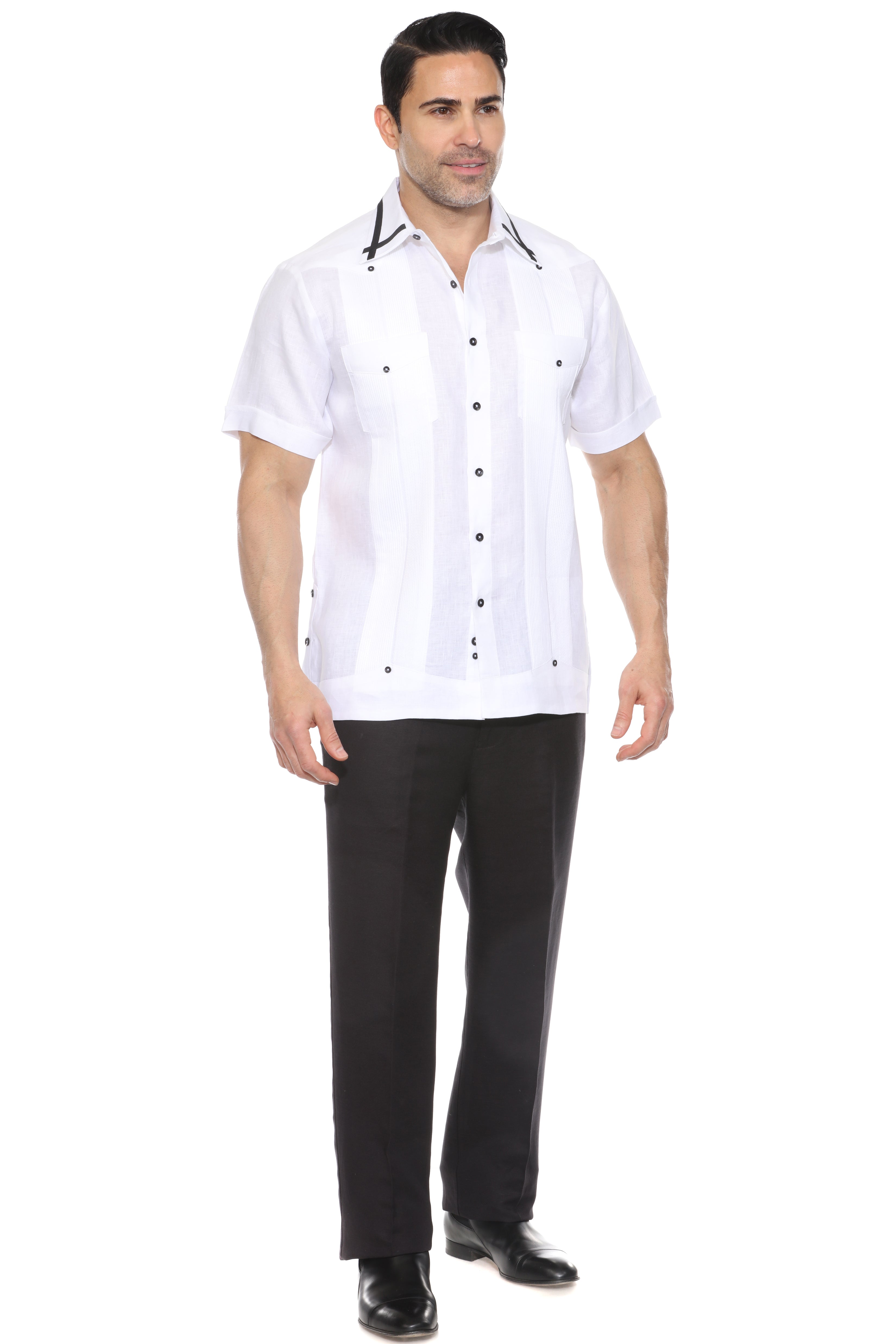 Camisa Guayabera para Hombre Manga Corta 100% Lino con Ribete en Contraste