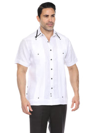 Camisa Guayabera para Hombre Manga Corta 100% Lino con Ribete en Contraste