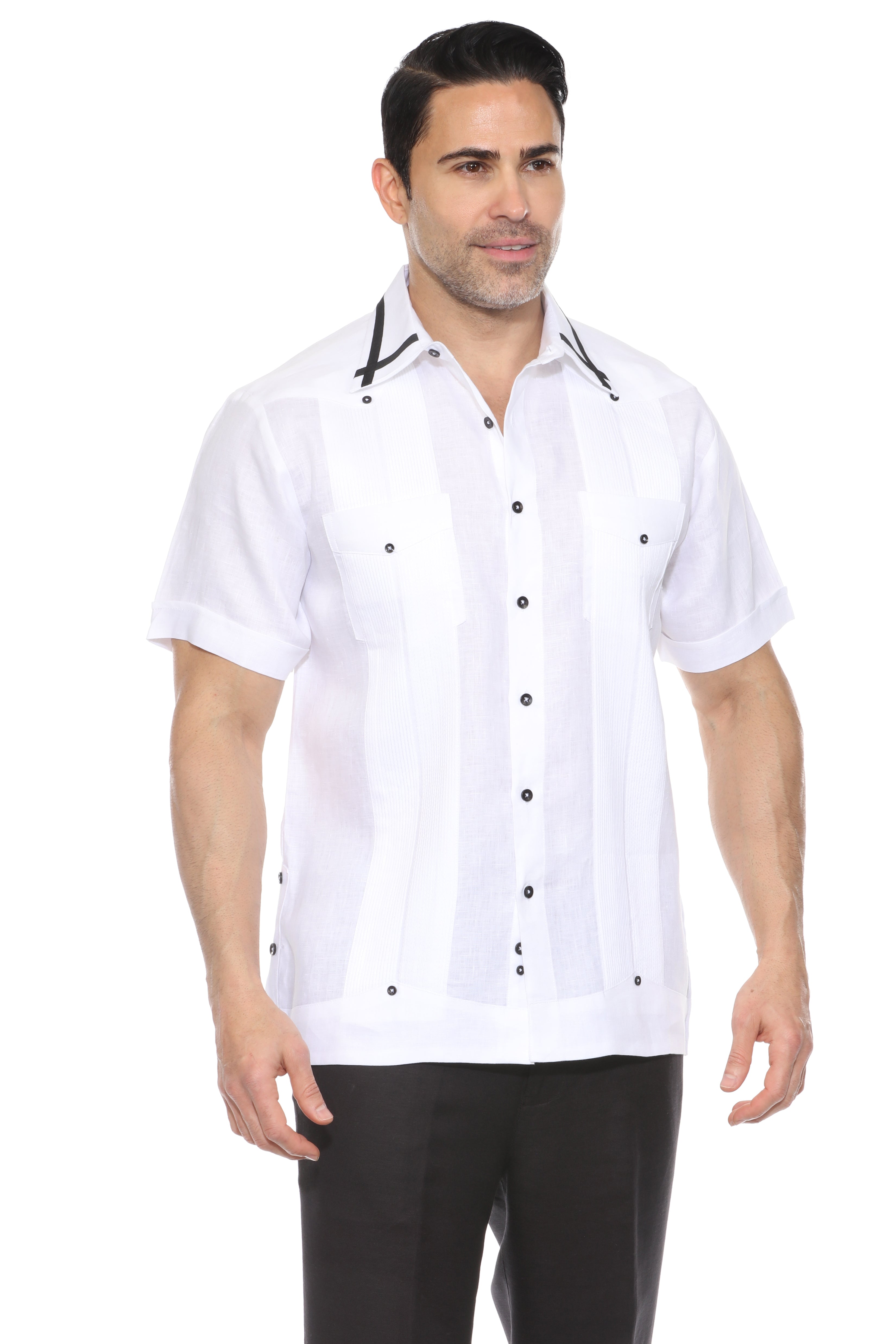 Camisa Guayabera para Hombre Manga Corta 100% Lino con Ribete en Contraste