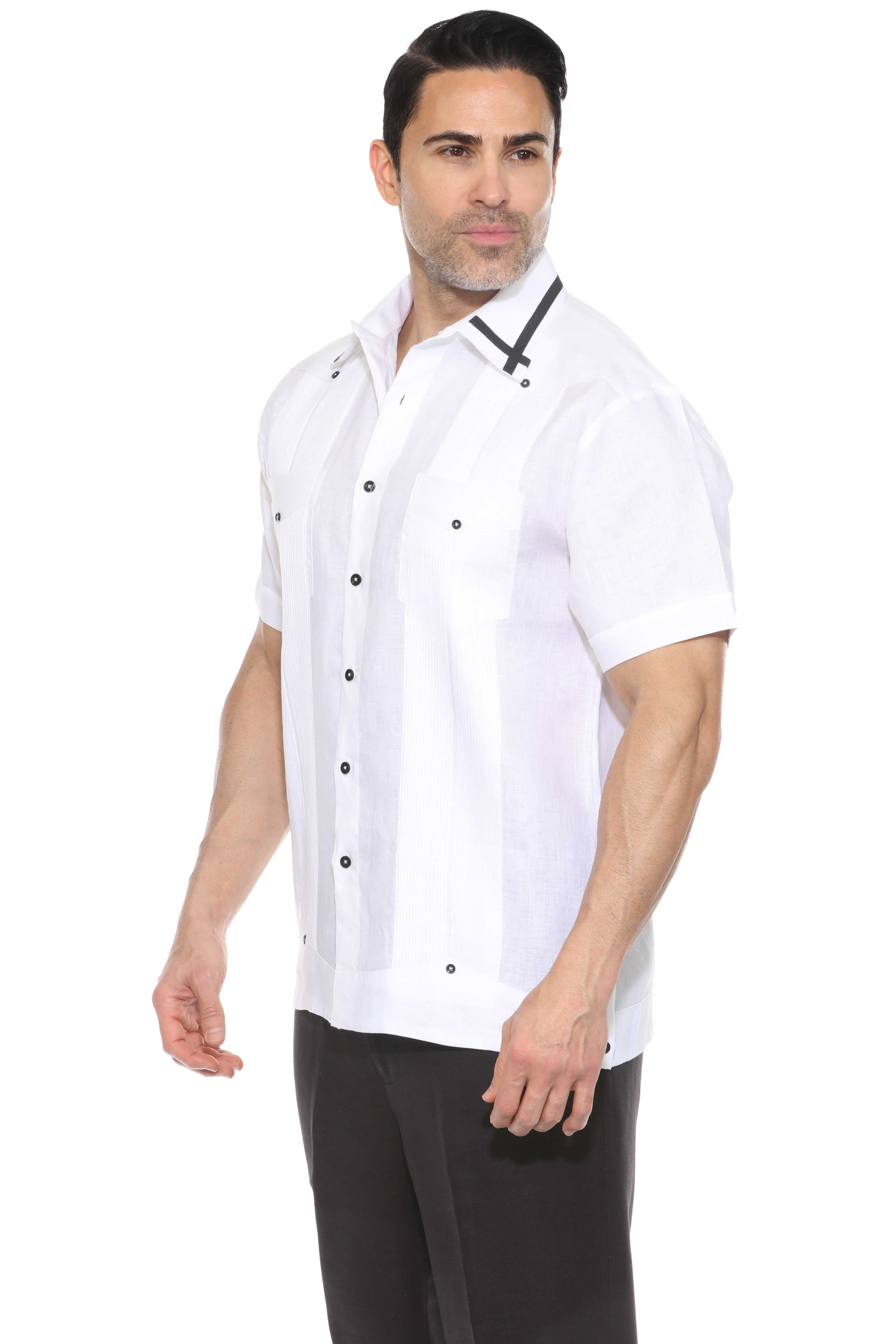 Camisa Guayabera para Hombre Manga Corta 100% Lino con Ribete en Contraste