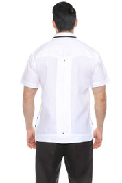 Camisa Guayabera para Hombre Manga Corta 100% Lino con Ribete en Contraste
