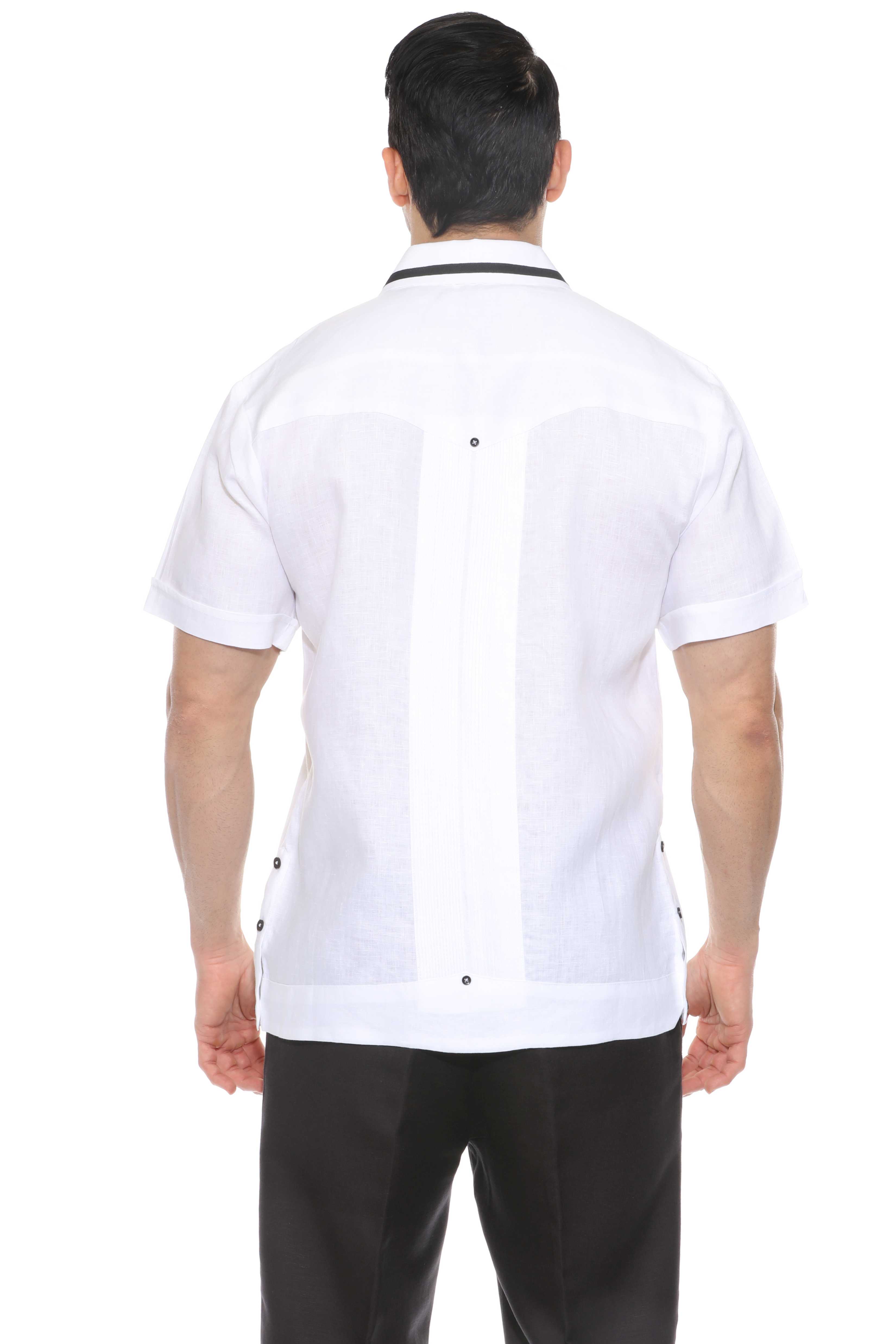 Camisa Guayabera para Hombre Manga Corta 100% Lino con Ribete en Contraste