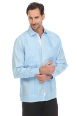 Camisa Guayabera 100% Lino para Hombre, Manga Larga con Ribete en Contraste