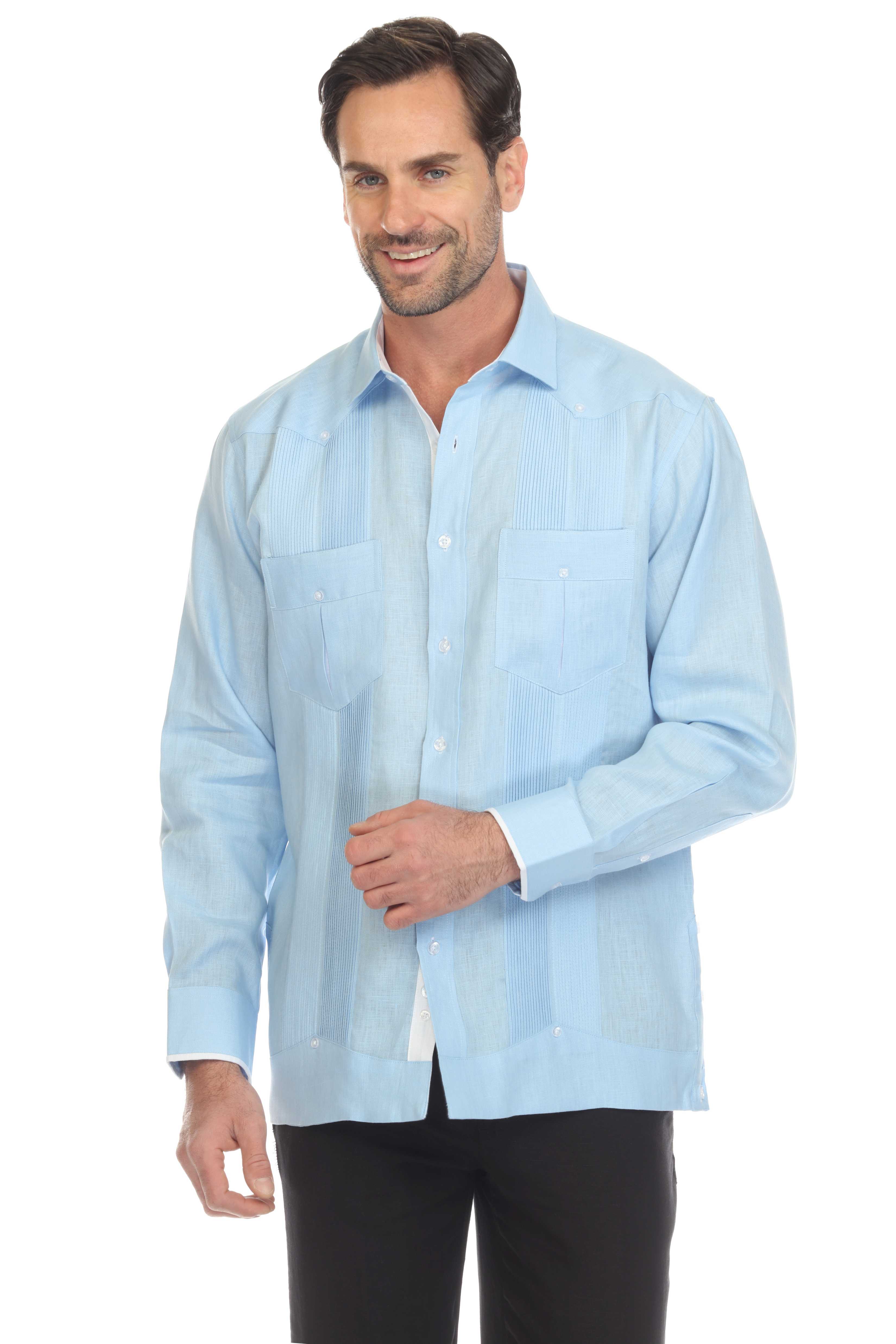 Camisa Guayabera Chacabana 100% Lino para Hombre Mojito, Manga Larga con Ribete en Contraste