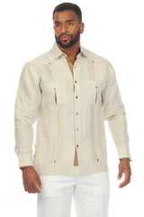 Camisa Guayabera 100% Lino para Hombre, Manga Larga con Ribete en Contraste