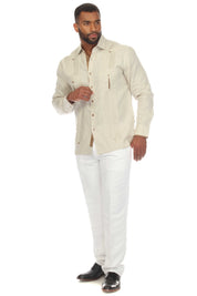 Camisa Guayabera Chacabana 100% Lino para Hombre Mojito, Manga Larga con Ribete en Contraste