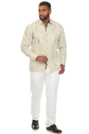 Camisa Guayabera Chacabana 100% Lino para Hombre Mojito, Manga Larga con Ribete en Contraste