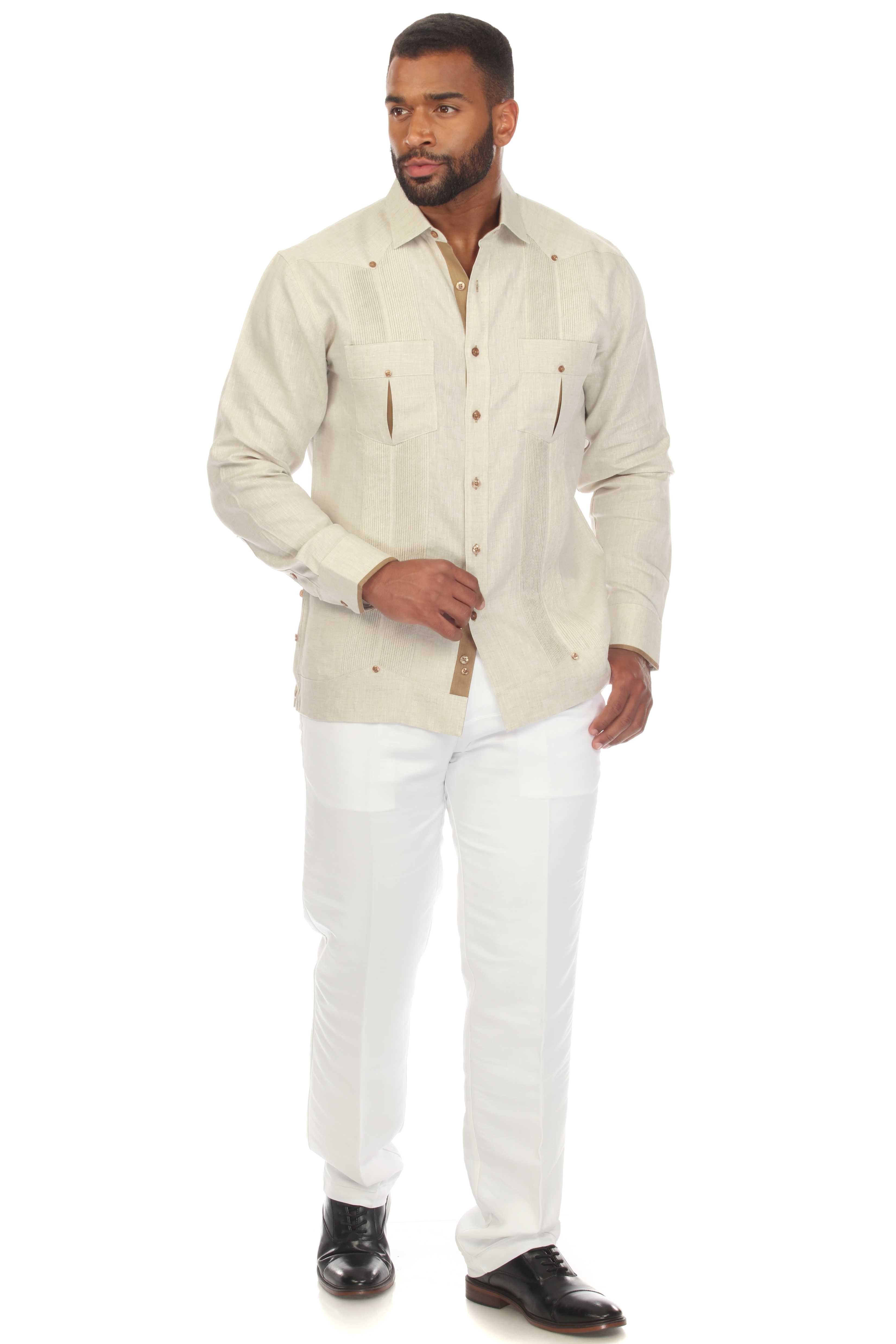 Camisa Guayabera Chacabana 100% Lino para Hombre Mojito, Manga Larga con Ribete en Contraste