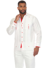 Camisa Guayabera Chacabana 100% Lino para Hombre Mojito, Manga Larga con Ribete en Contraste