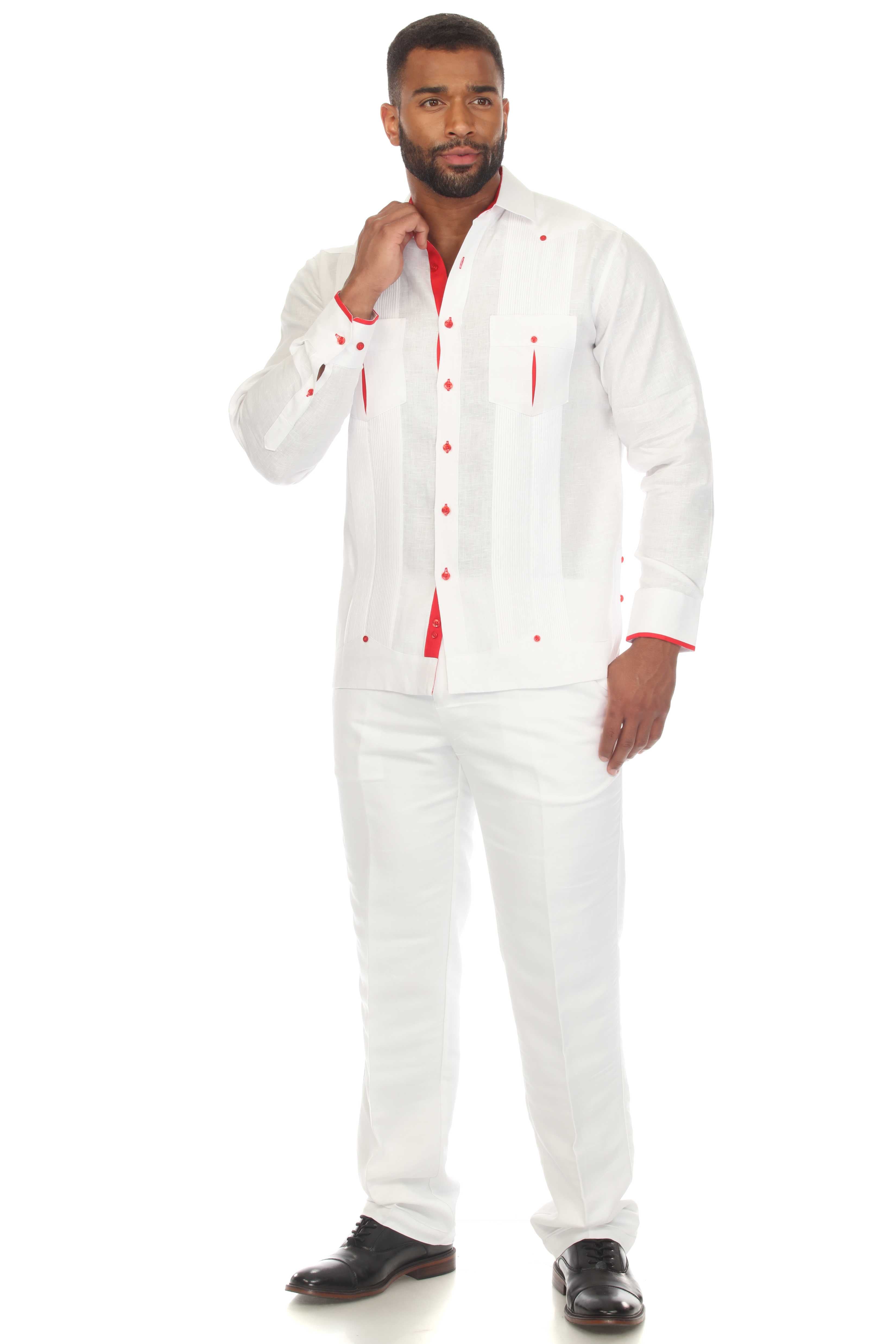 Camisa Guayabera Chacabana 100% Lino para Hombre Mojito, Manga Larga con Ribete en Contraste