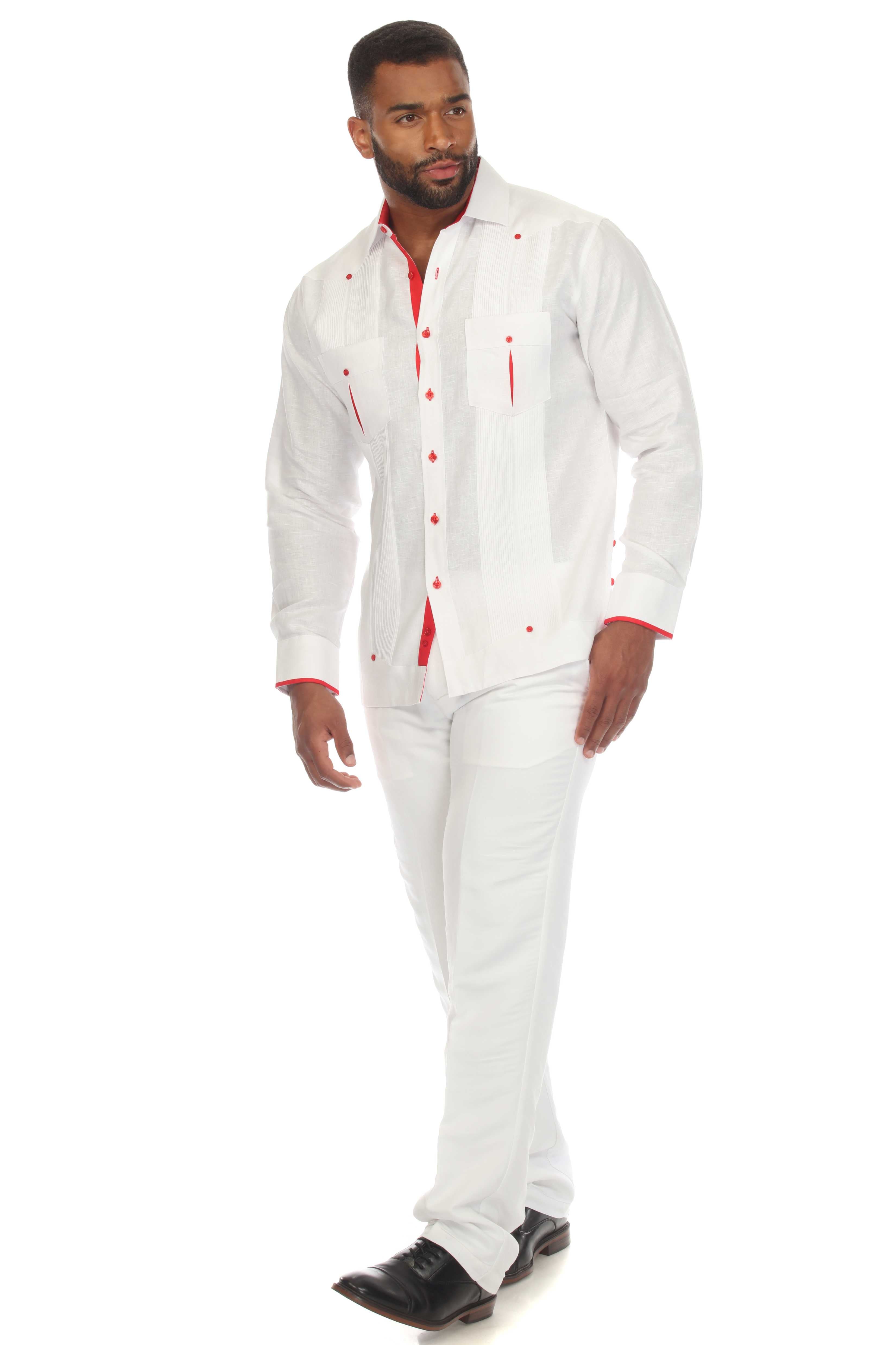 Camisa Guayabera Chacabana 100% Lino para Hombre Mojito, Manga Larga con Ribete en Contraste
