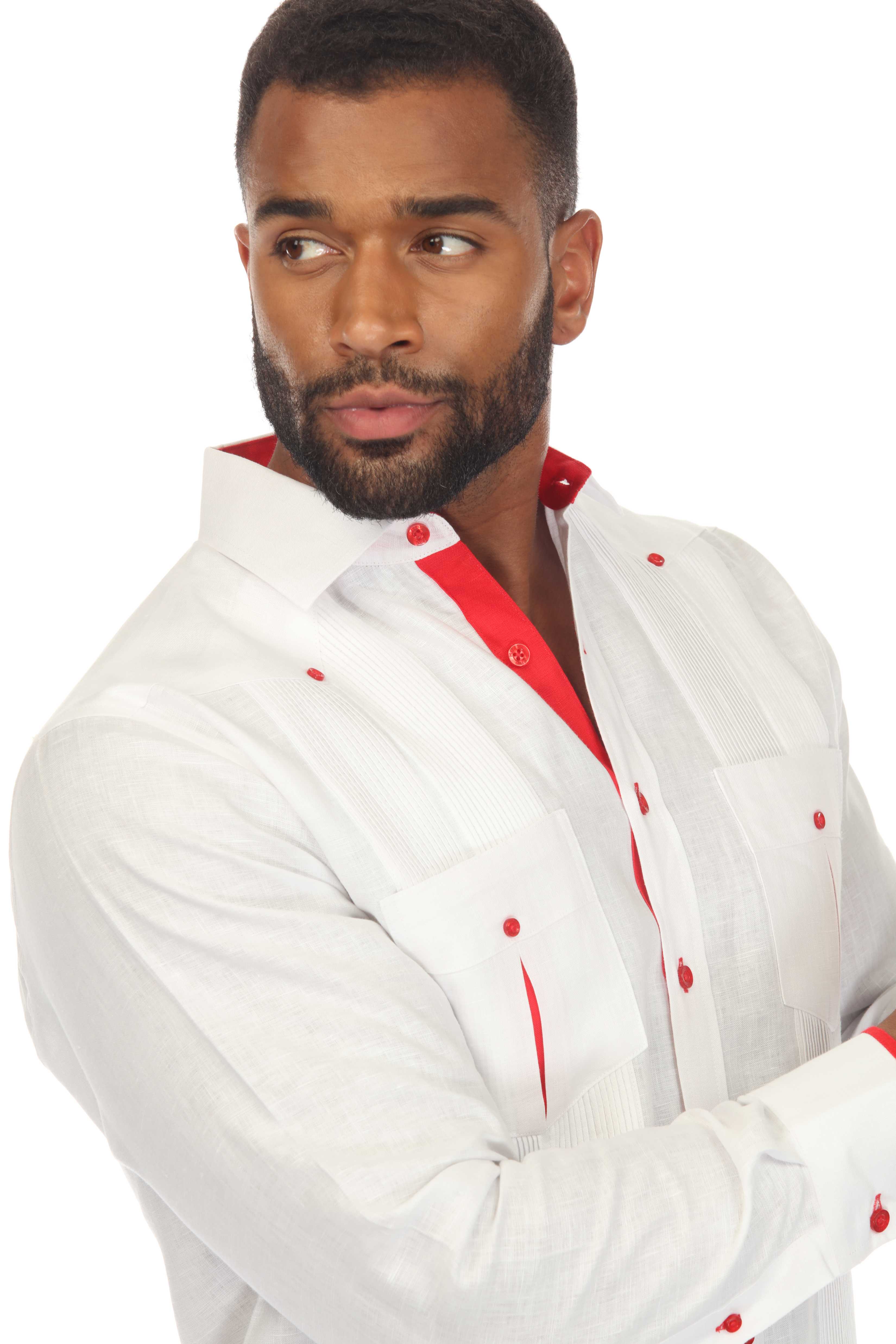 Camisa Guayabera Chacabana 100% Lino para Hombre Mojito, Manga Larga con Ribete en Contraste