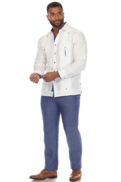 Camisa Guayabera Chacabana 100% Lino para Hombre Mojito, Manga Larga con Ribete en Contraste