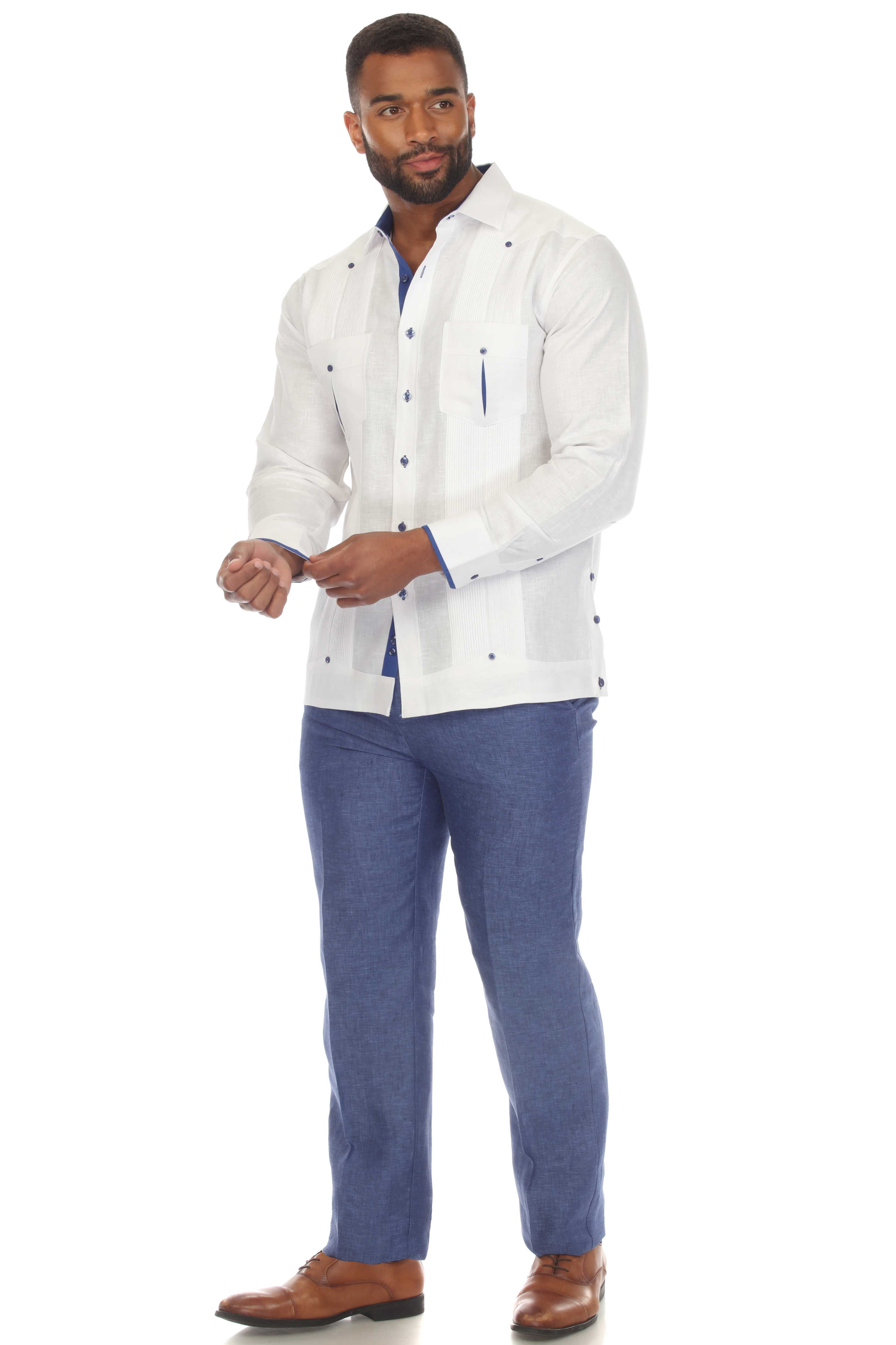Camisa Guayabera Chacabana 100% Lino para Hombre Mojito, Manga Larga con Ribete en Contraste