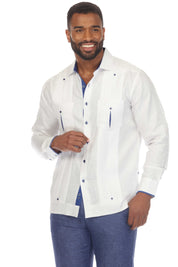 Camisa Guayabera Chacabana 100% Lino para Hombre Mojito, Manga Larga con Ribete en Contraste