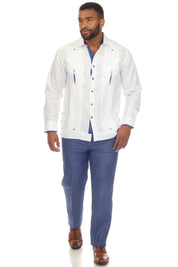 Mojito Men's 100% Linen Guayabera Chacabana Shirt Long Sleeve with Contrast Accent Trim