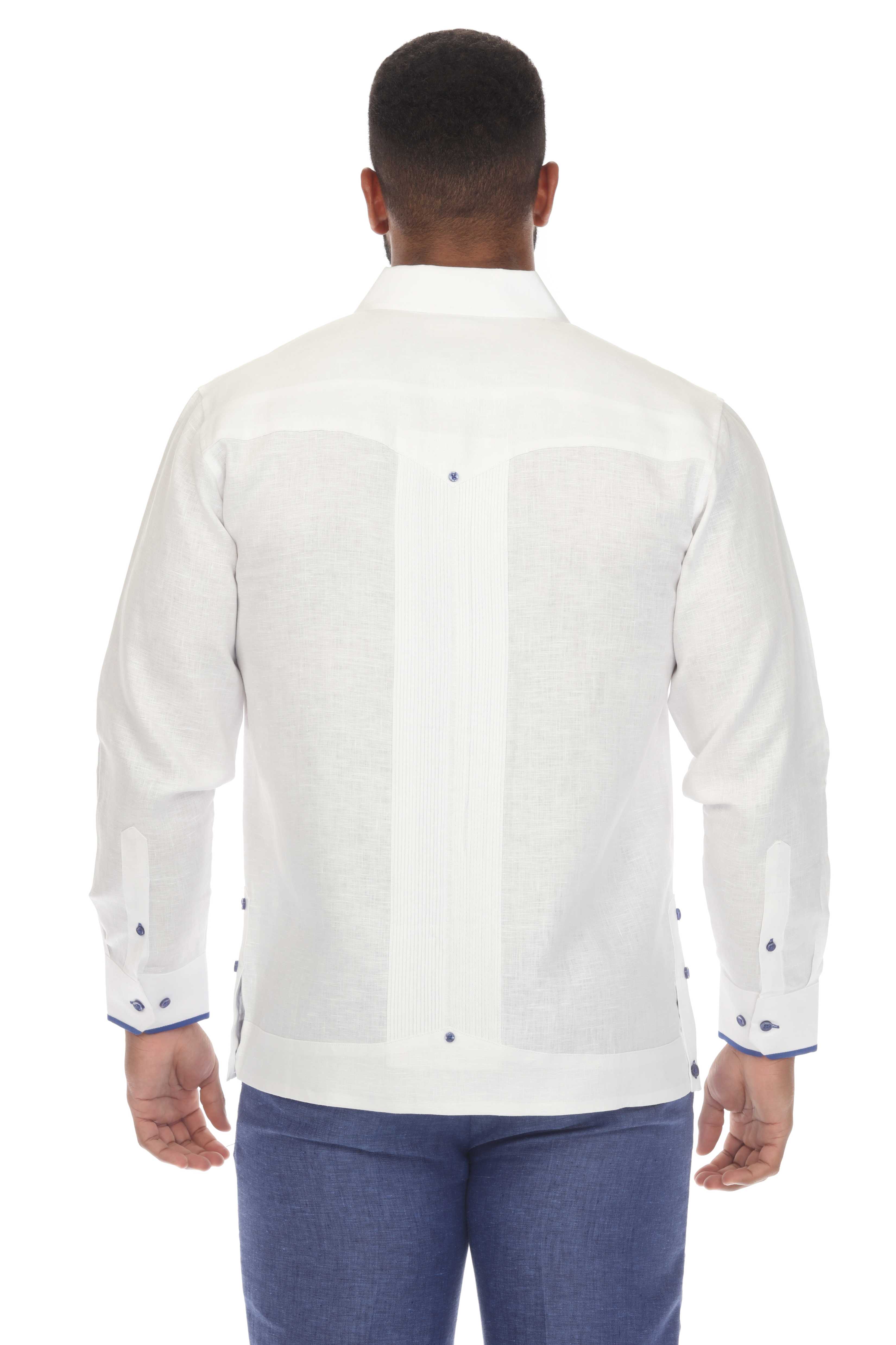 Camisa Guayabera Chacabana 100% Lino para Hombre Mojito, Manga Larga con Ribete en Contraste