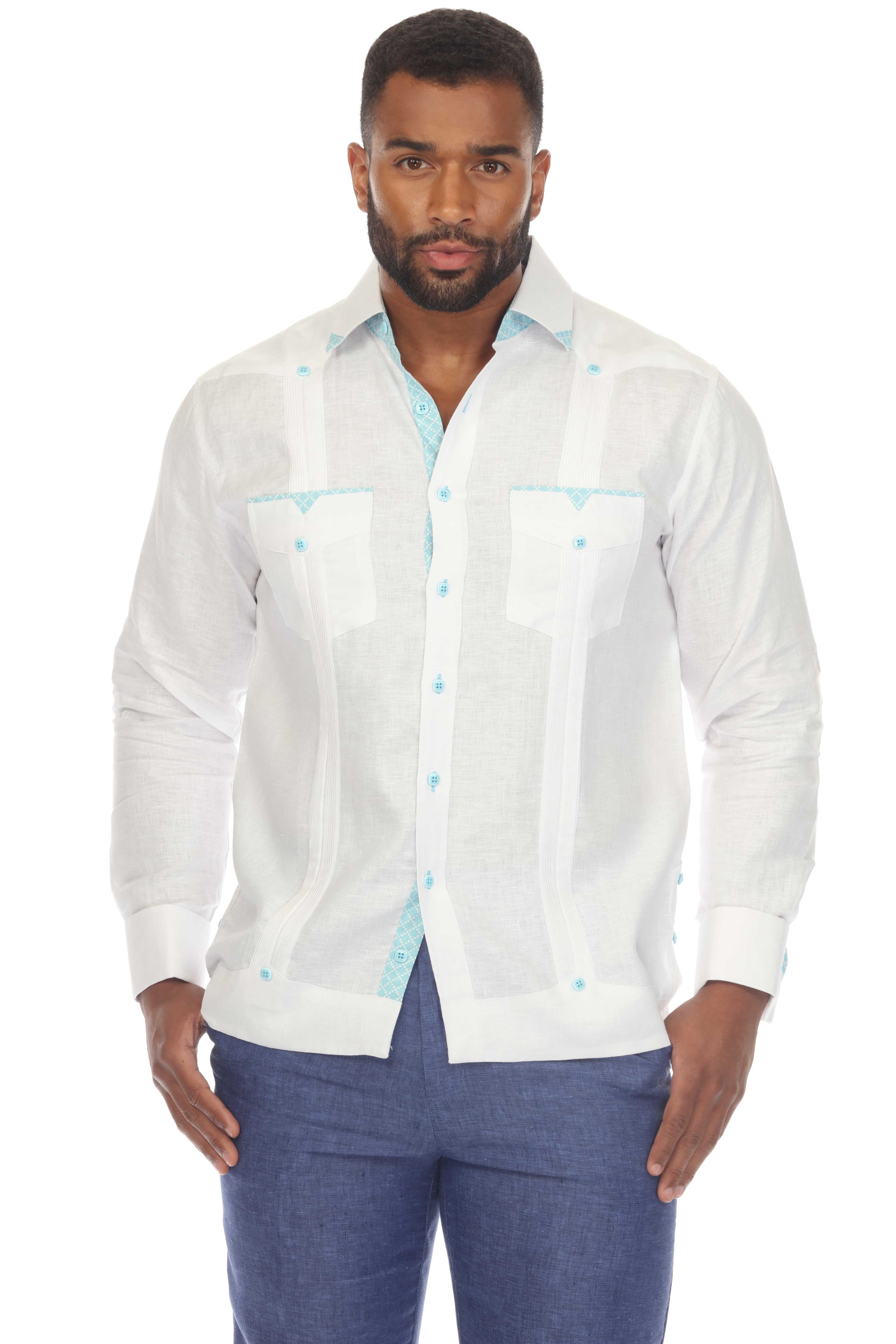 Men's Plus Size 100% Linen Guayabera Shirt Long Sleeve with Print Trim Accent