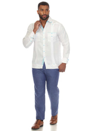 Men's Plus Size 100% Linen Guayabera Shirt Long Sleeve with Print Trim Accent