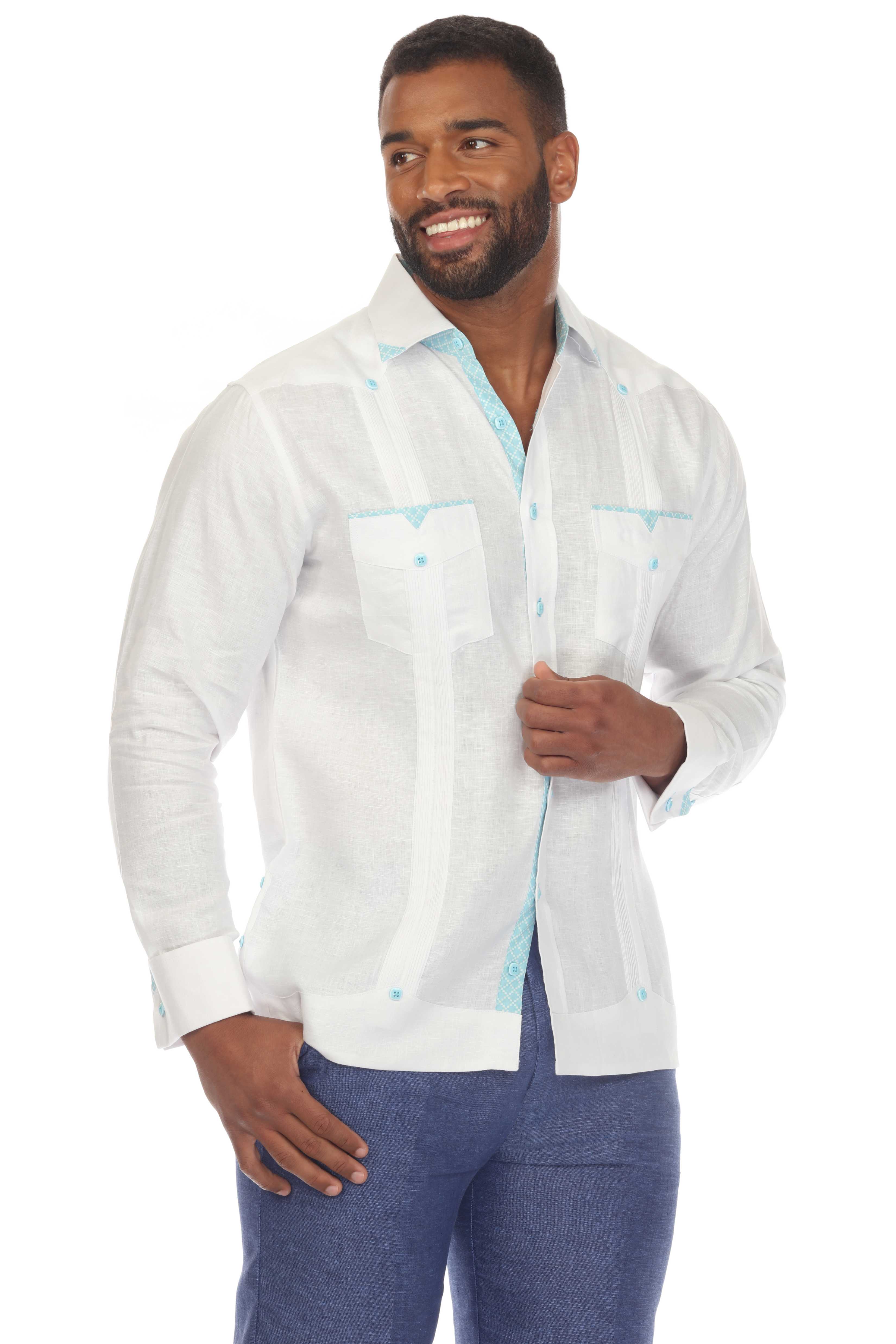 Men's Plus Size 100% Linen Guayabera Shirt Long Sleeve with Print Trim Accent