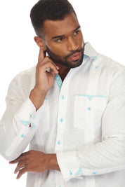 Men's Plus Size 100% Linen Guayabera Shirt Long Sleeve with Print Trim Accent