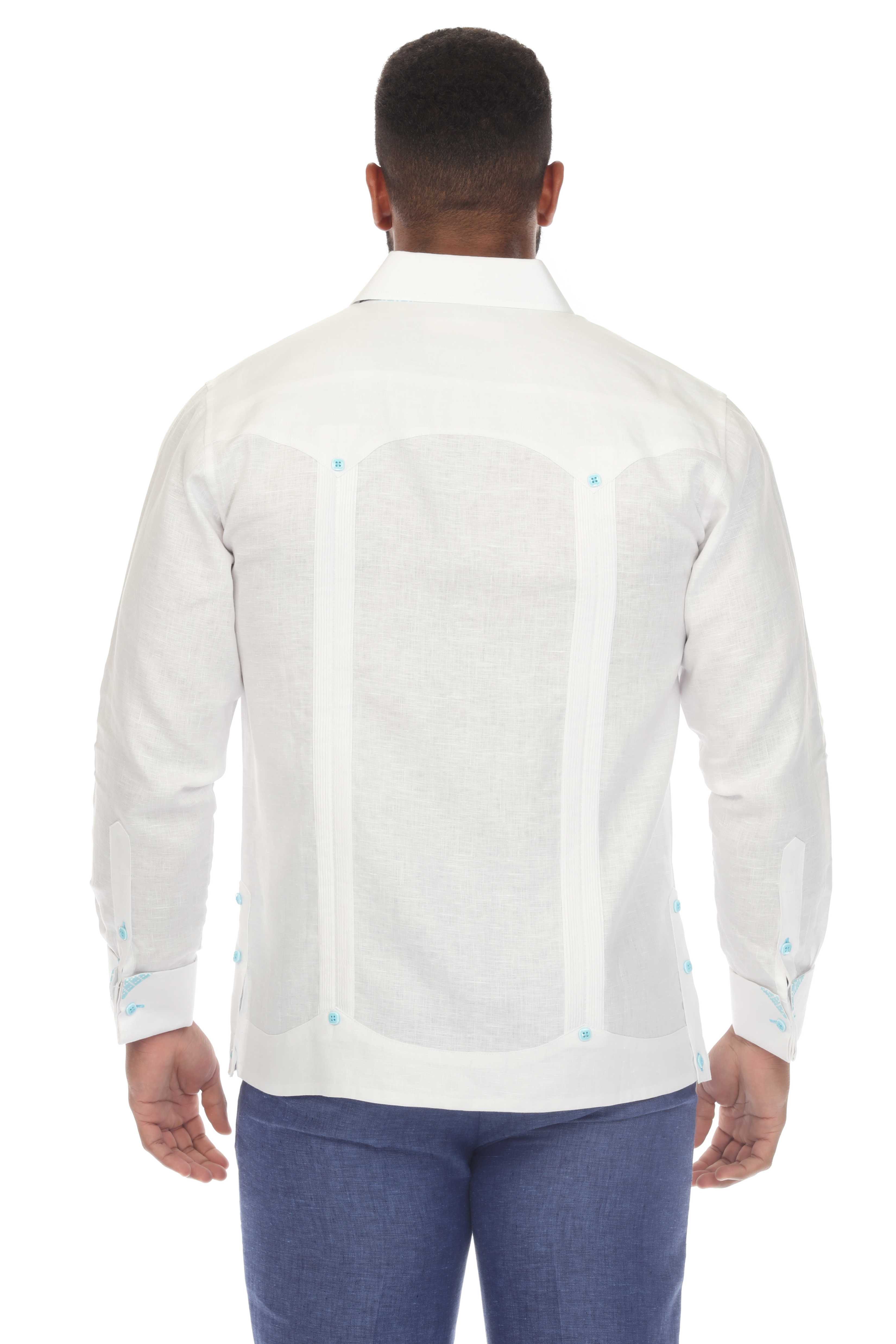 Men's Plus Size 100% Linen Guayabera Shirt Long Sleeve with Print Trim Accent