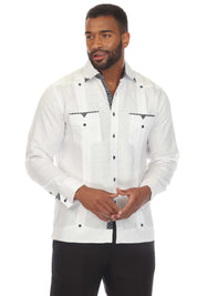 Men's Plus Size 100% Linen Guayabera Shirt Long Sleeve with Print Trim Accent