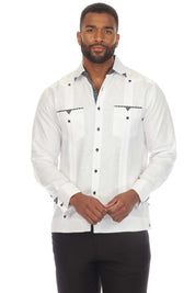 Men's Plus Size 100% Linen Guayabera Shirt Long Sleeve with Print Trim Accent