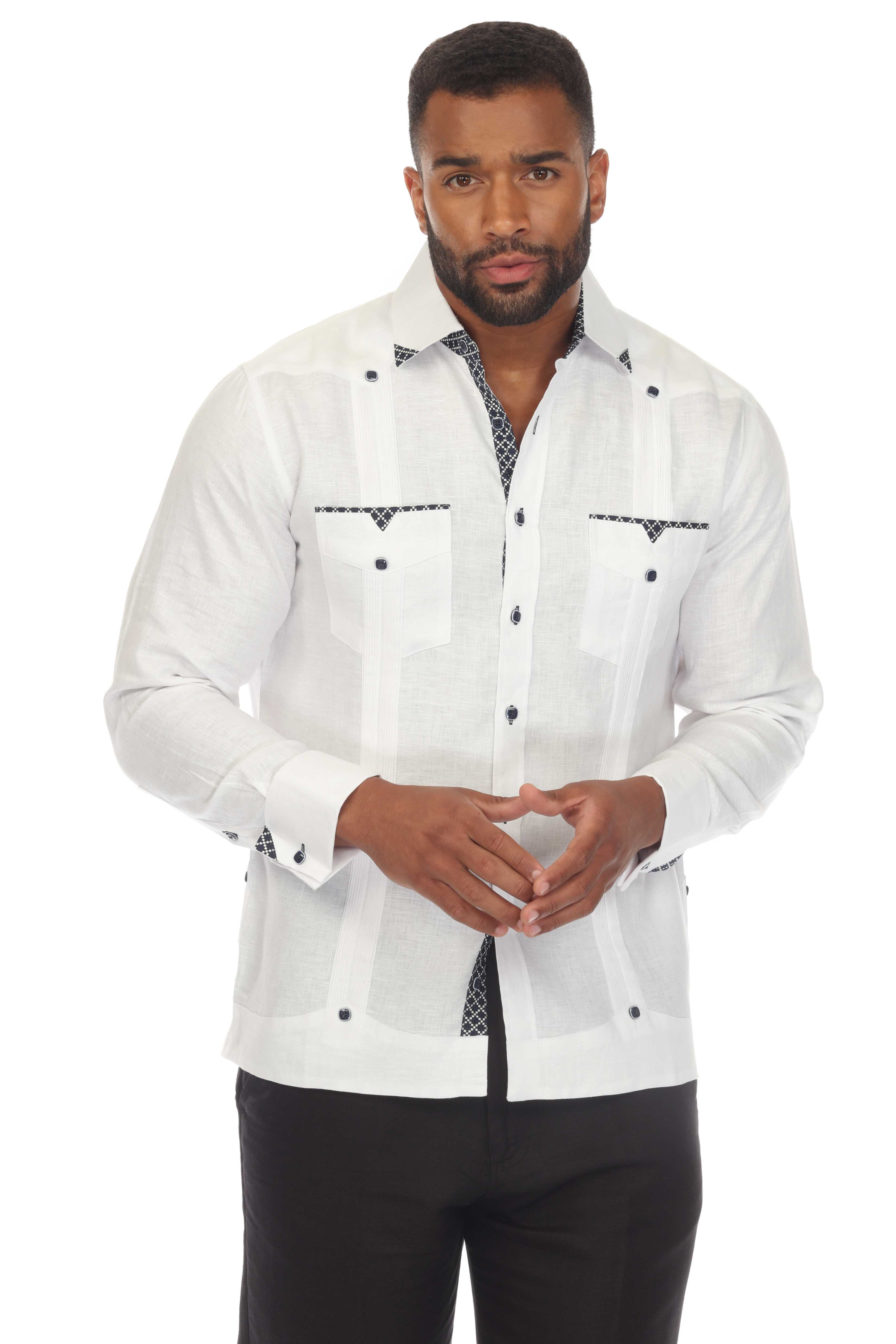 Men's Plus Size 100% Linen Guayabera Shirt Long Sleeve with Print Trim Accent