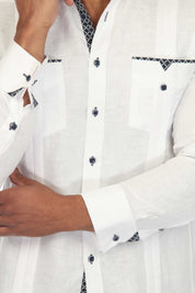 Men's Plus Size 100% Linen Guayabera Shirt Long Sleeve with Print Trim Accent
