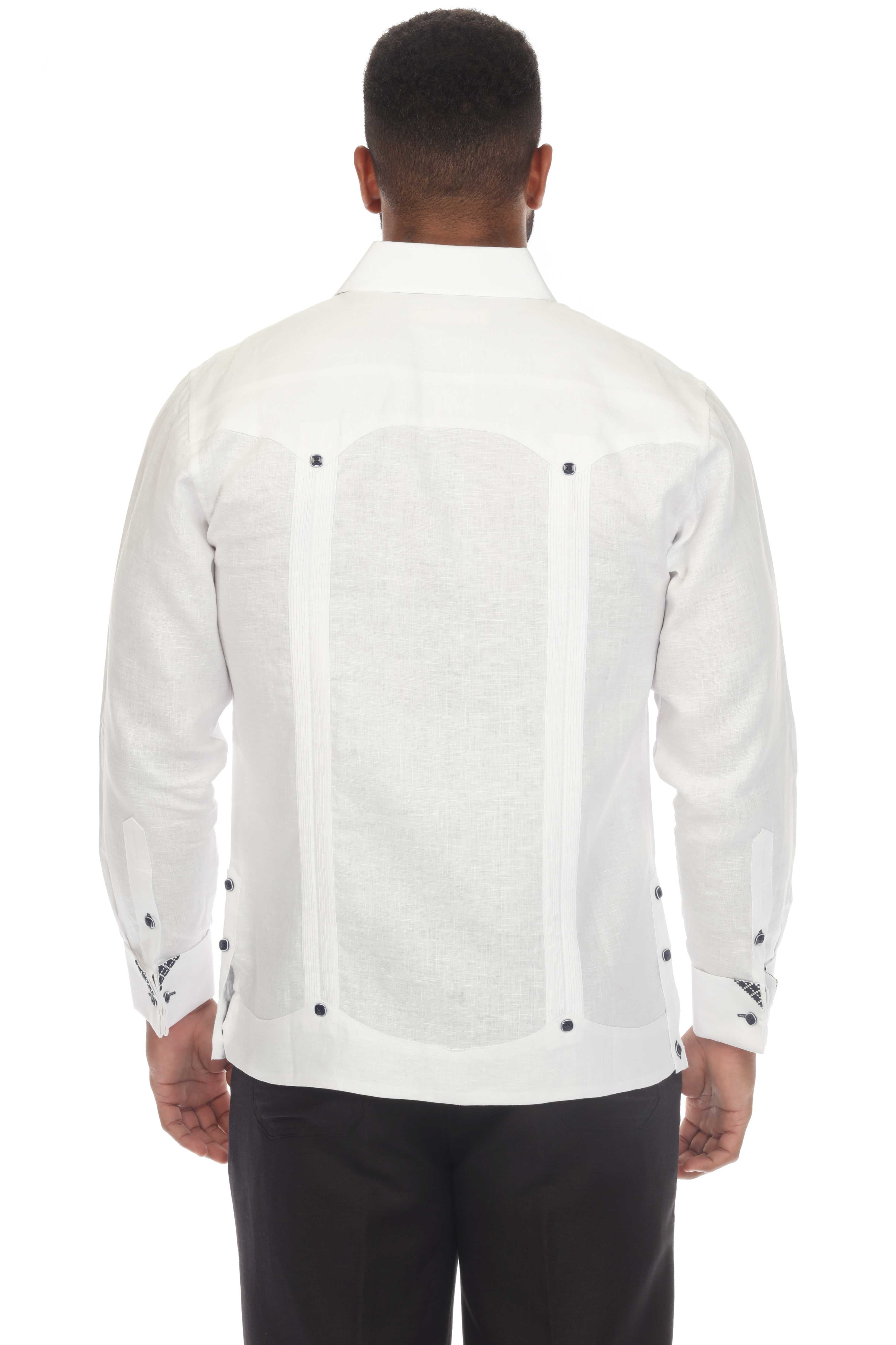 Men's Plus Size 100% Linen Guayabera Shirt Long Sleeve with Print Trim Accent