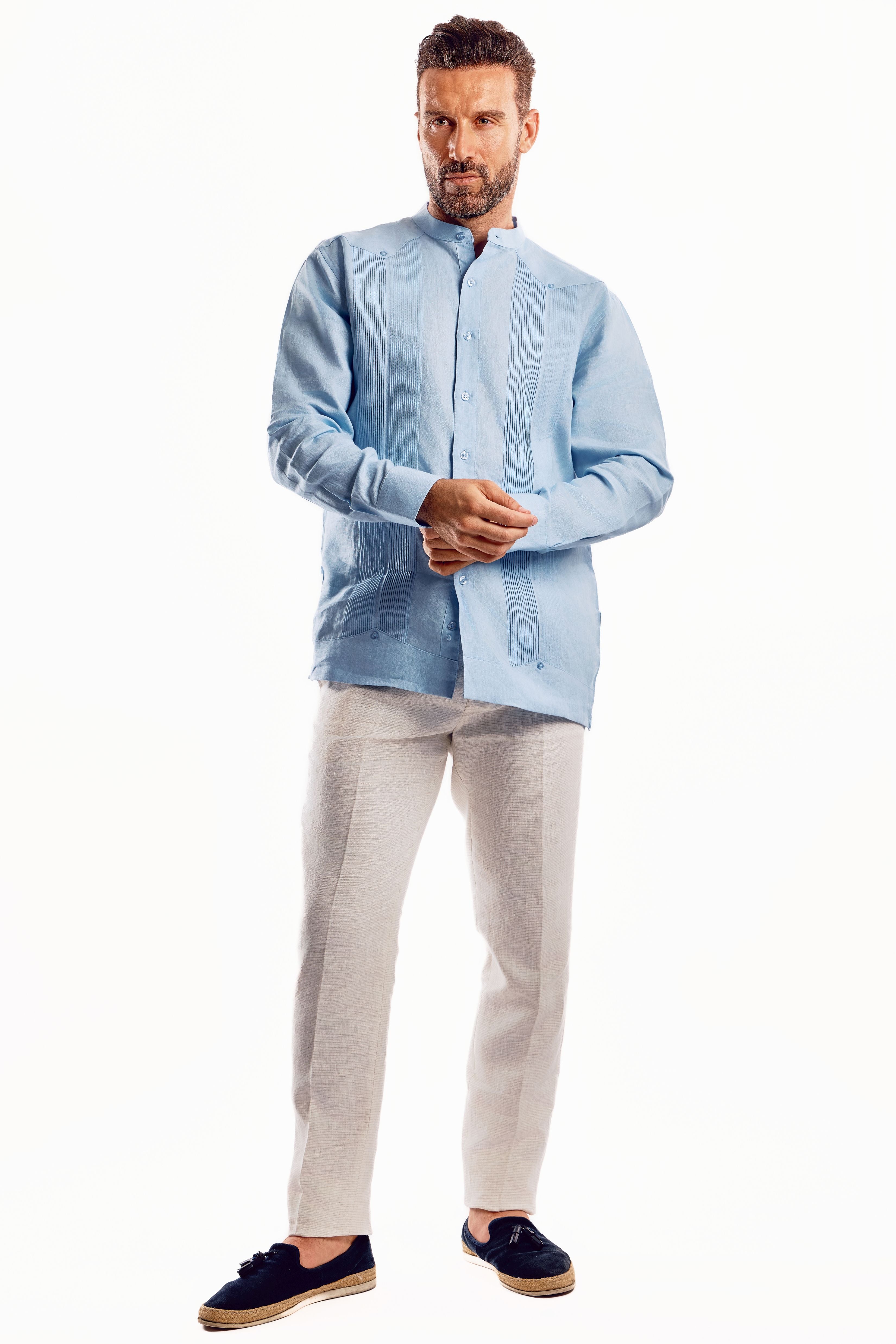 Camisa Guayabera de Lino 100% para Boda en la Playa para Hombre con Cuello Mandarín de Mojito