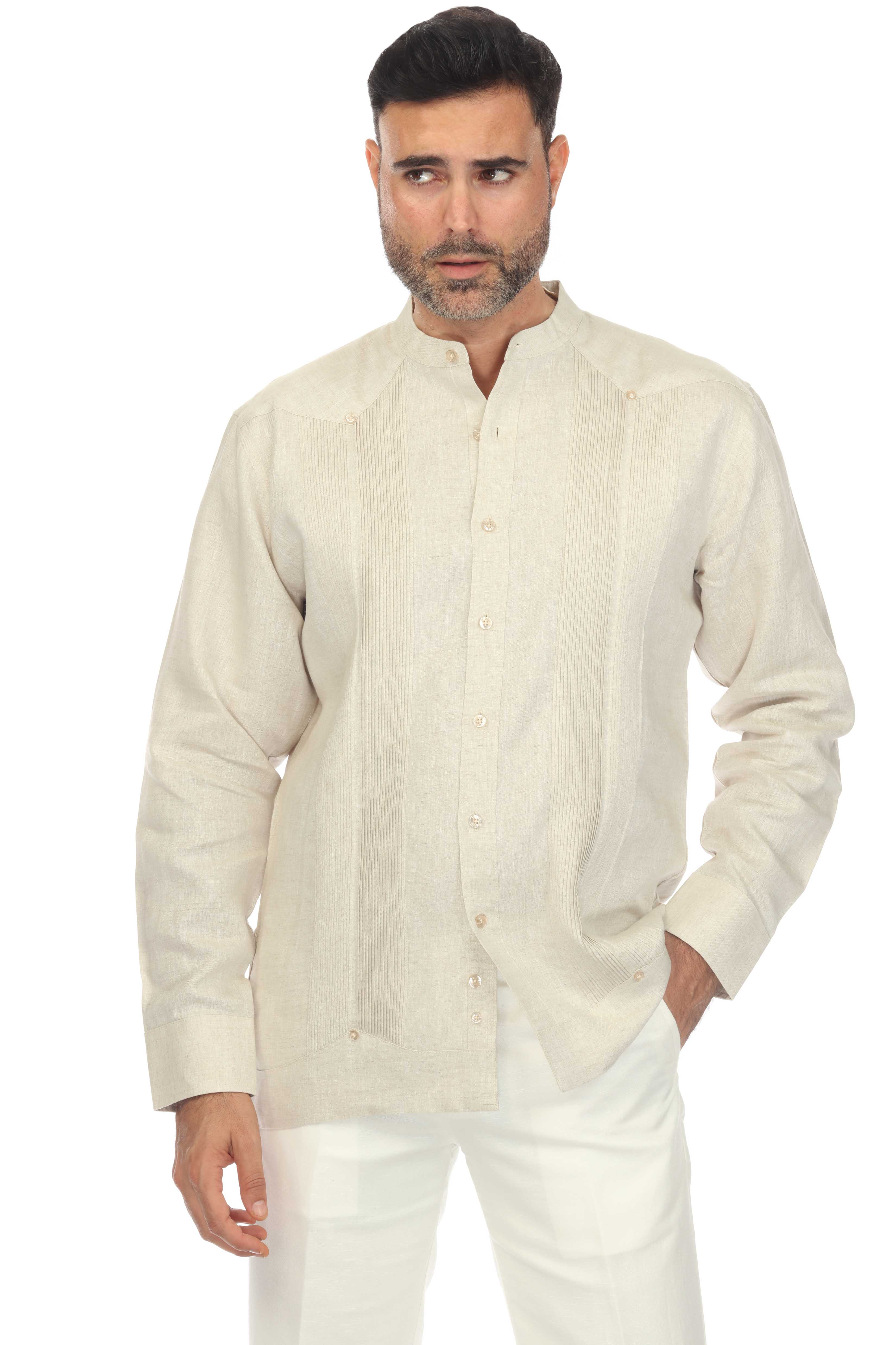 Mojito Men’s 100% Linen Mandarin Collar Resort Wedding Guayabera with Pleated Detailing