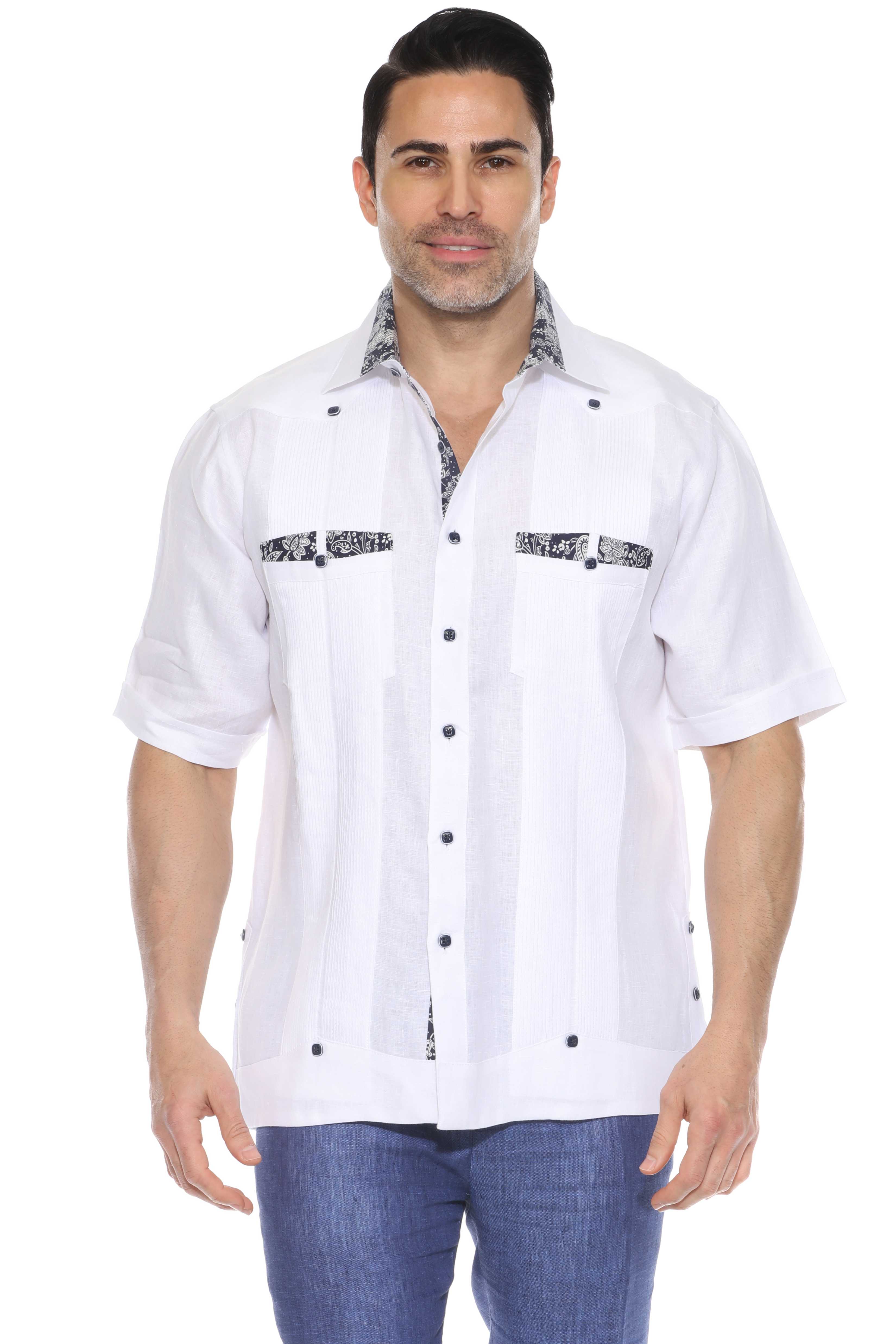 Mojito Men's Guayabera Shirt Short Sleeve 100% Linen with Stylish Print Trim Accent