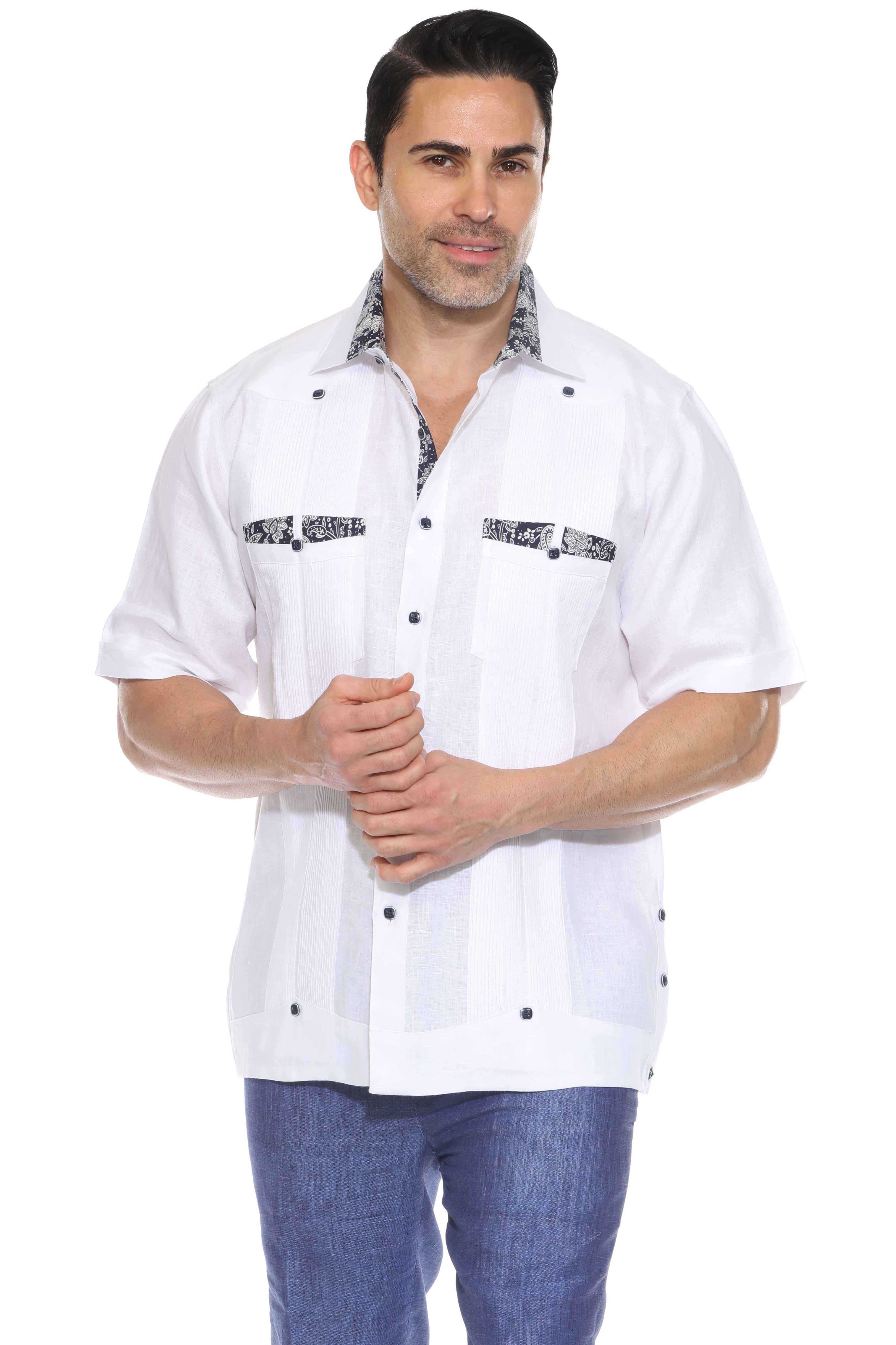 Camisa Guayabera para Hombre Manga Corta 100% Lino con Estampado Elegante