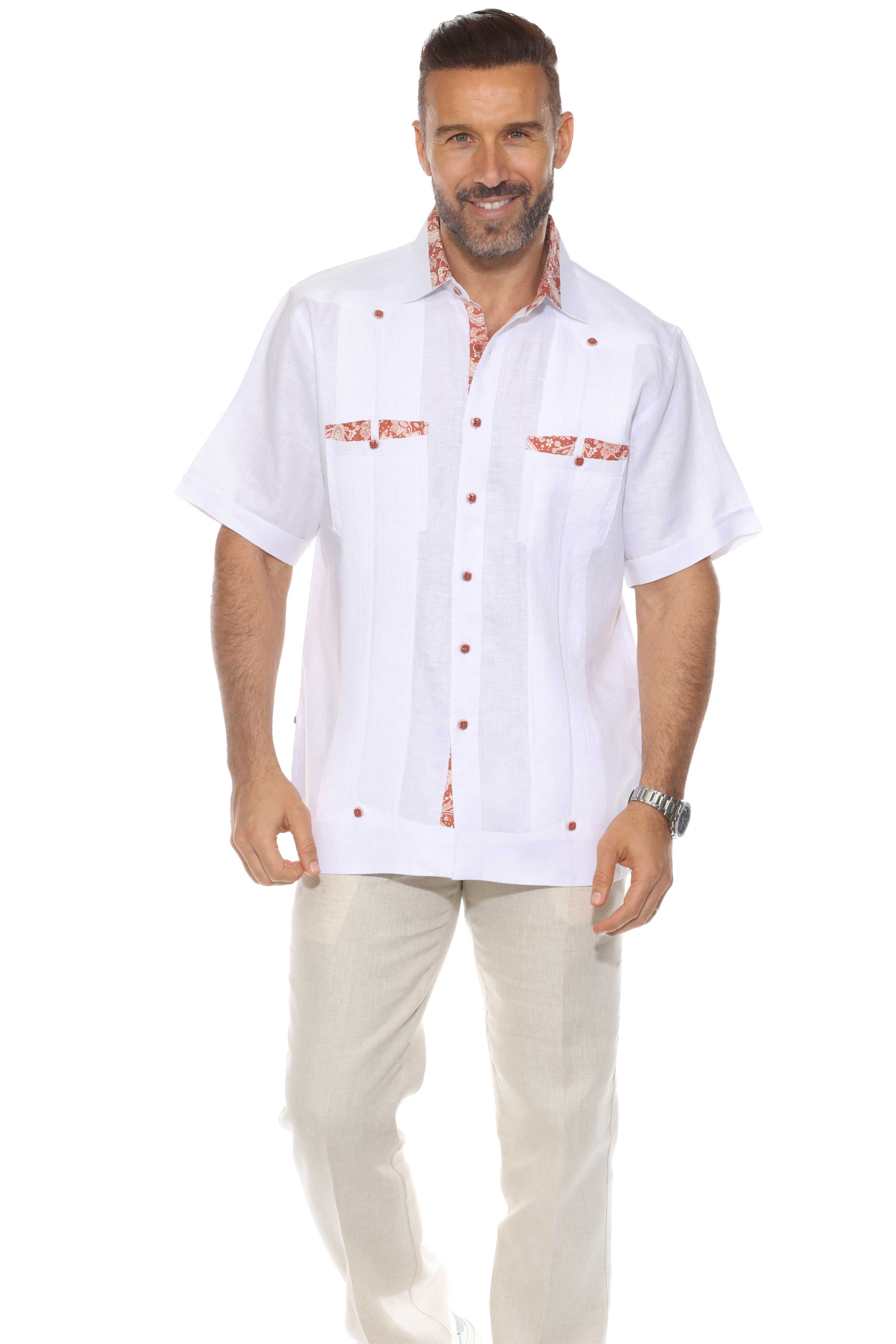 Camisa Guayabera para Hombre Manga Corta 100% Lino con Estampado Elegante