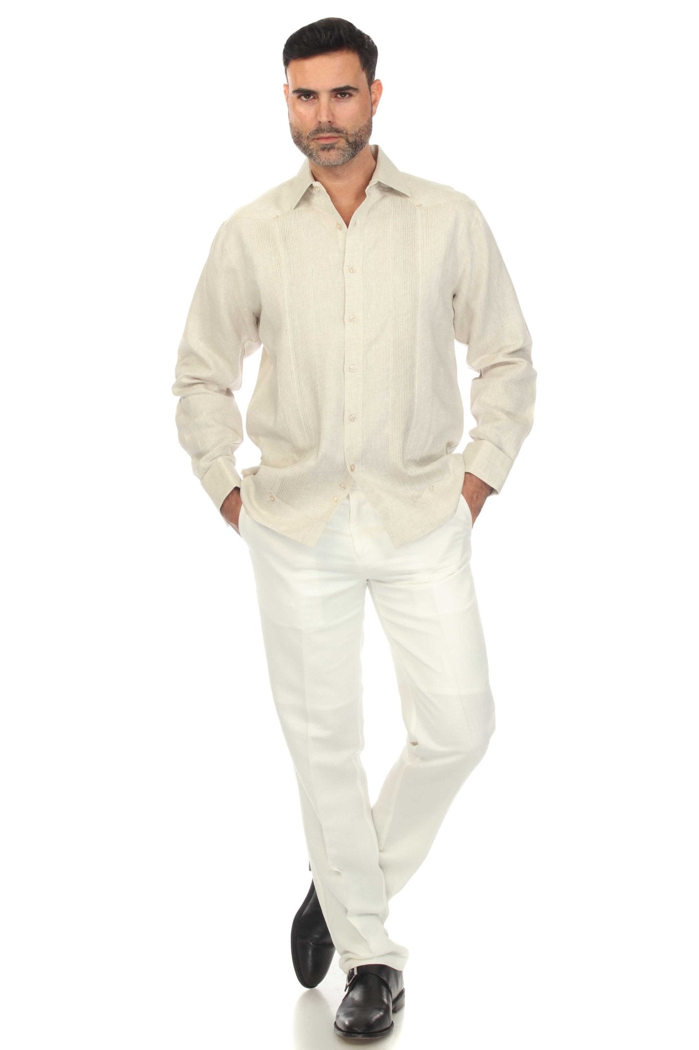 Men's 100% Linen Guayabera Long Sleeve French Cuff Shirt Large / NATURAL Men's 100% Linen Guayabera Long Sleeve French Cuff Shirt Large / NATURAL