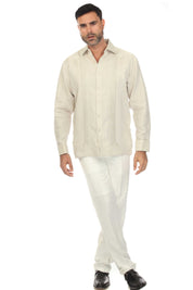 Camisa Guayabera Chacabana 100% Lino para Hombre de la Colección Mojito, Manga Larga con Puños Franceses y Detalle Plisado
