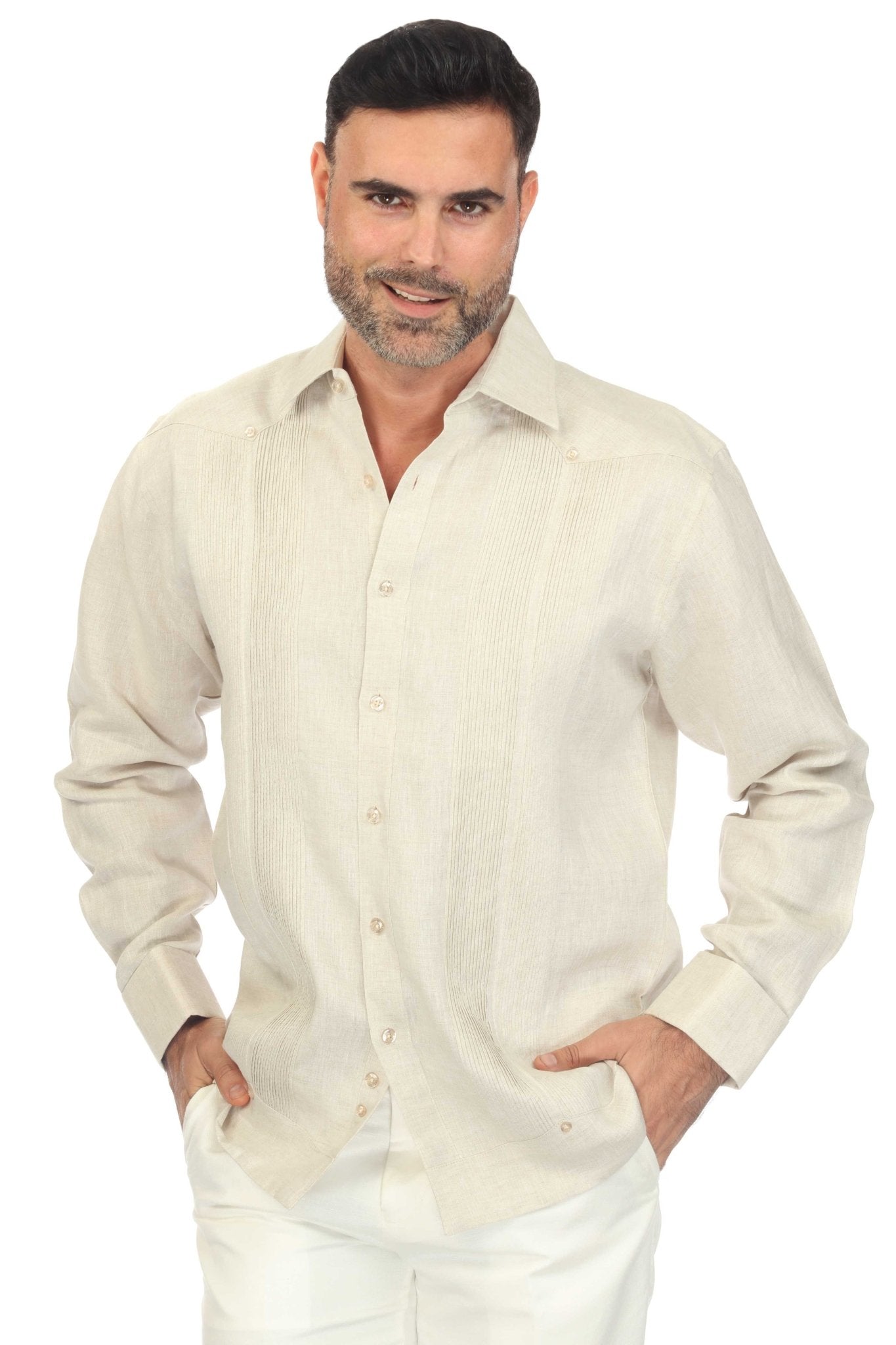 Men’s 100% Linen Wedding Shirt – Framed Pleat Guayabera with French Cuffs