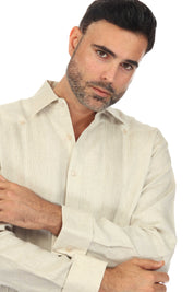 Camisa Guayabera Chacabana 100% Lino para Hombre de la Colección Mojito, Manga Larga con Puños Franceses y Detalle Plisado