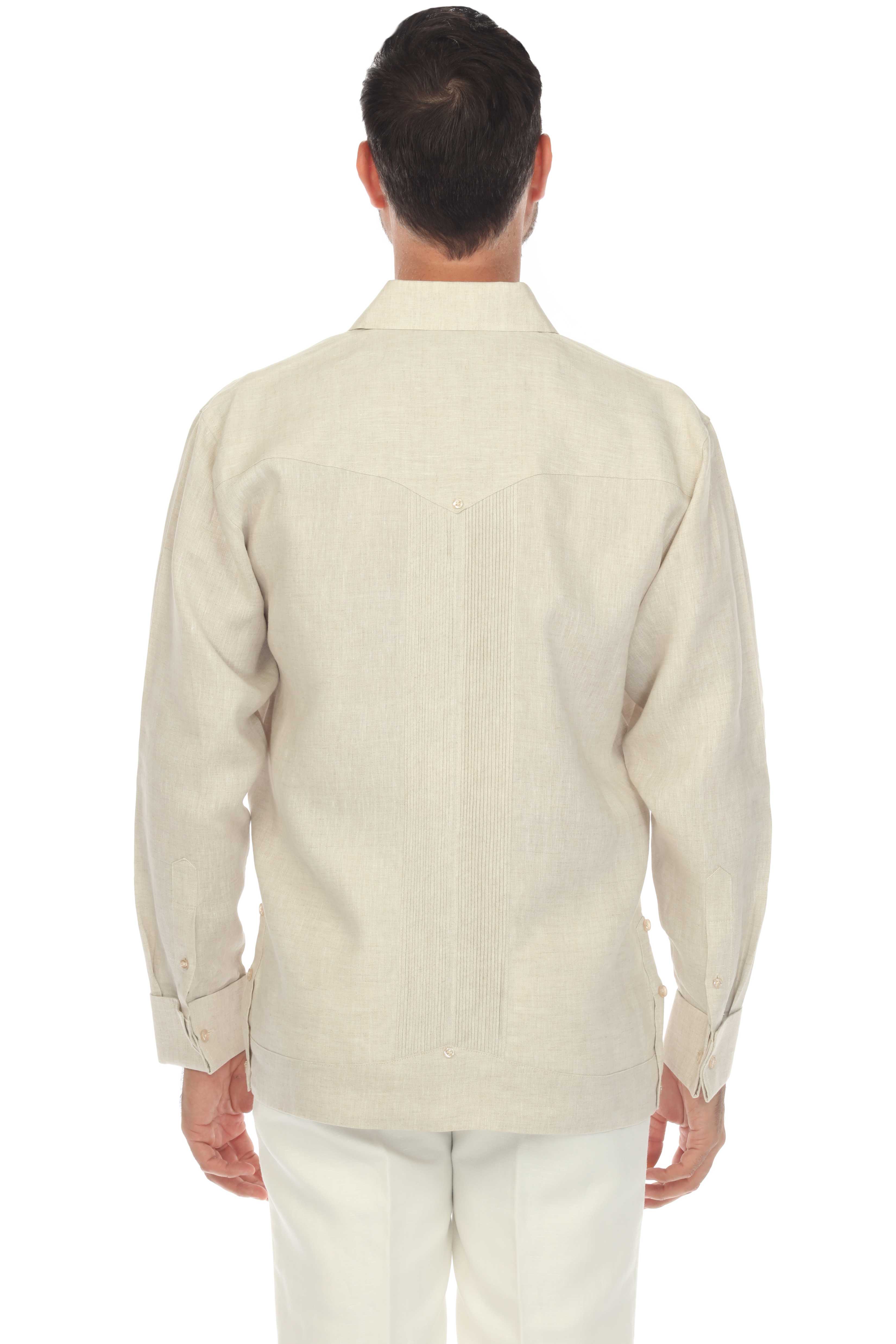 Camisa Guayabera Chacabana 100% Lino para Hombre de la Colección Mojito, Manga Larga con Puños Franceses y Detalle Plisado