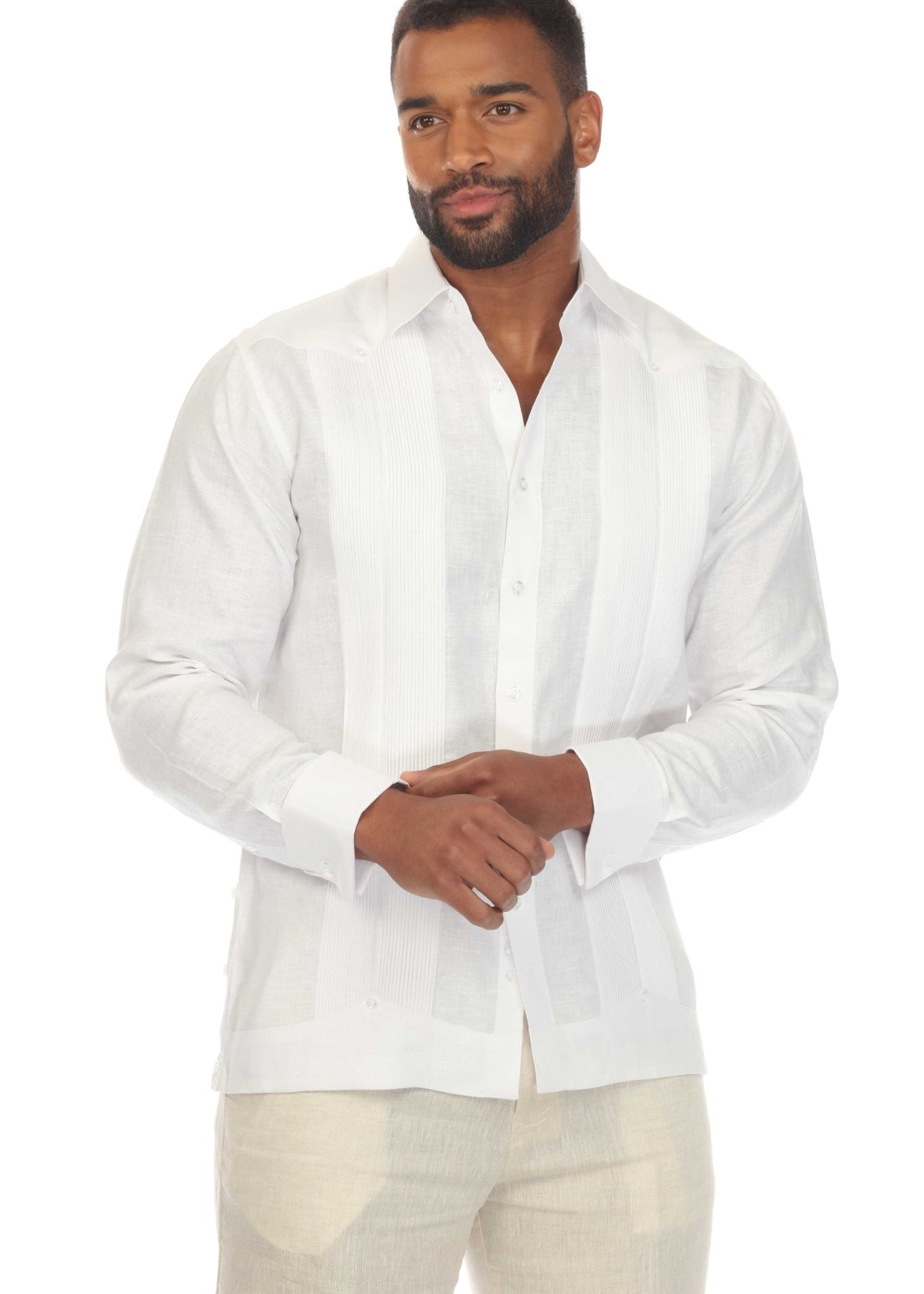 Men’s 100% Linen Wedding Shirt – Framed Pleat Guayabera with French Cuffs